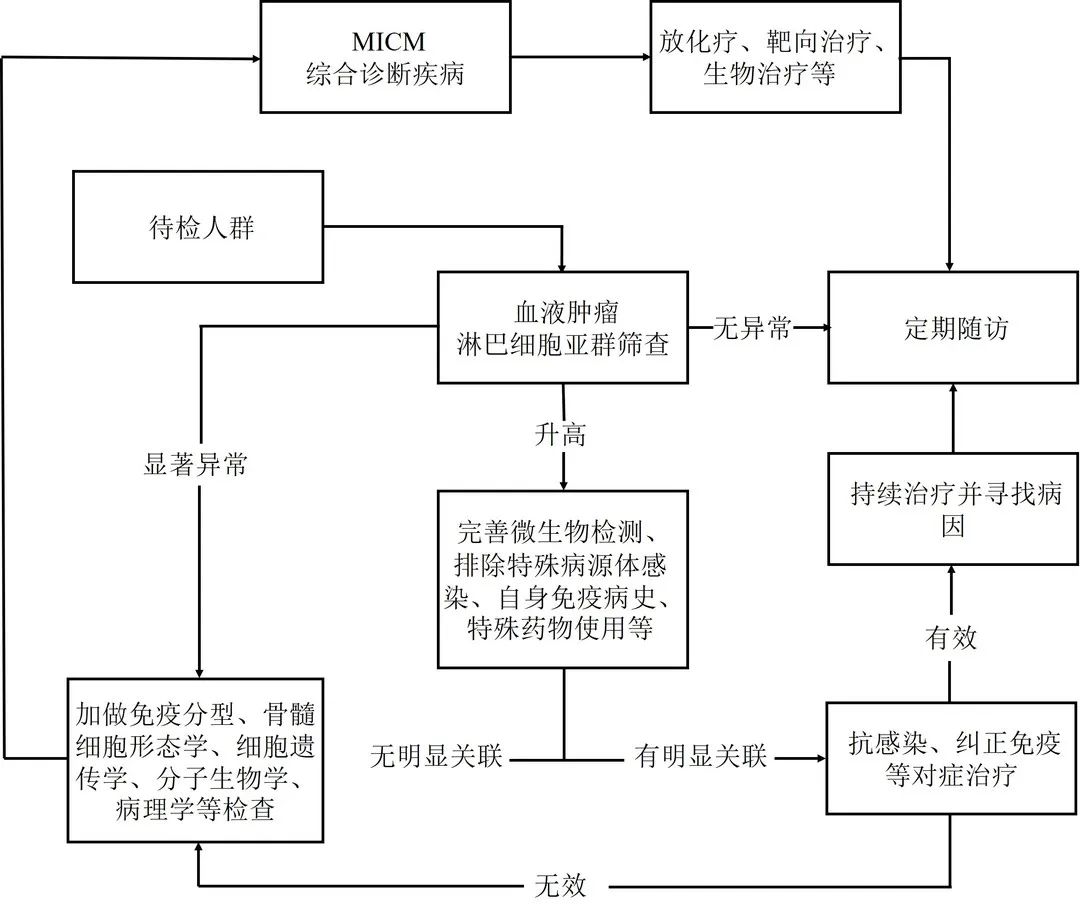 图2 血液肿瘤淋巴细胞亚群筛查与随访路径